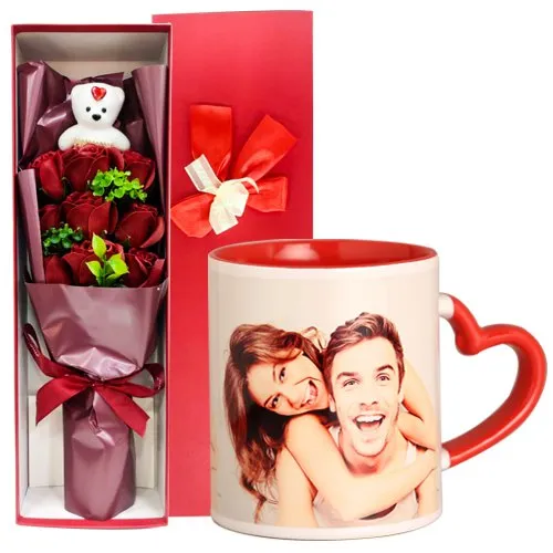 Lovely Combo of Artificial Roses Bouquet with Teddy N Personalize Coffee Mug