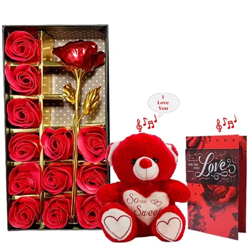 Ravishing Rosy Box with Singing Teddy N Musical Greetings Card Combo