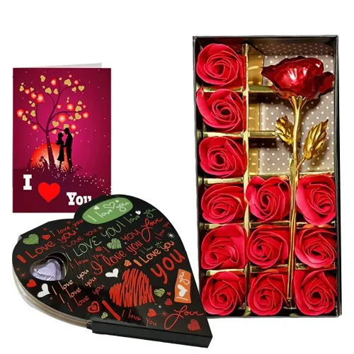 Magnificent Pair of Artificial Red Roses with Heart Shape Chocolates N Card
