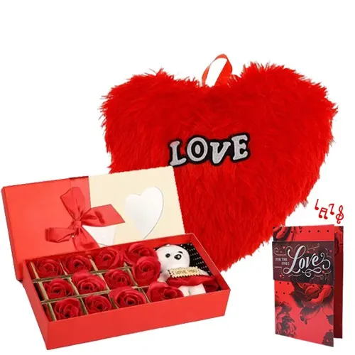 Exclusive Teddy on Artificial Red Roses with Cushion N Card Combo