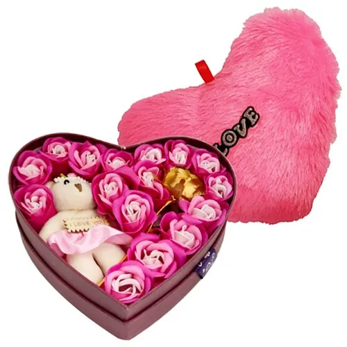 Wonderful Roses N Teddy Arrangement with LED Jar N Musical Greetings Card Combo Set