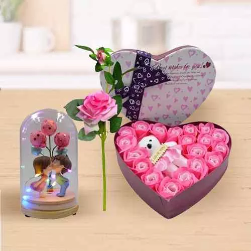 Stunning Heart Shape Roses N Teddy Box with Couple Showpiece N Pink Rose Stick