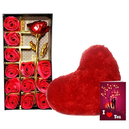 Fantastic Artificial Red Roses with Red Cushion N Love You Card