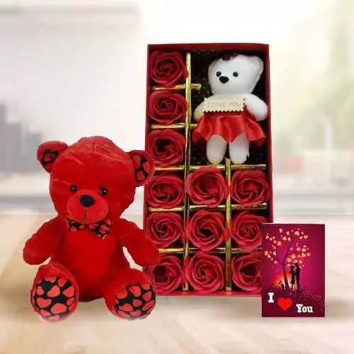 Delightful Red Teddy with Artificial Roses N Teddy Box n Love You Card