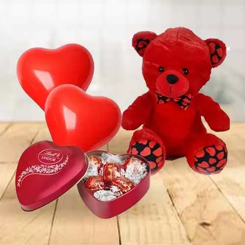 Cute Red Teddy with Lindt Chocolate N Red Heart Shape Balloons Gift Combo