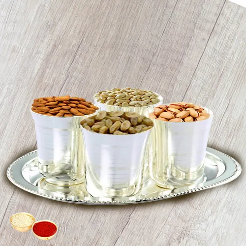 Crunchy mixed Dry Fruits with Silver  Glasses and Tray with free Roli Tilak and Chawal