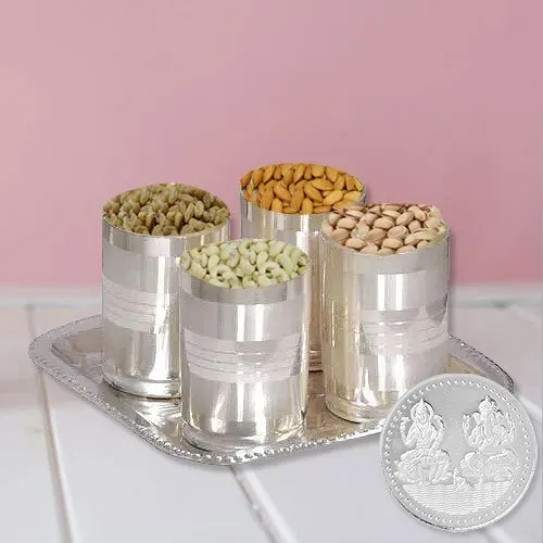 Dry Fruits in Silver Glass and Tray with Free Silver Plated Laxmi Ganesh Coin