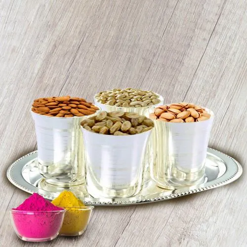 Dry Fruits in Silver Glass and Tray with free Gulal/Abir Pouch