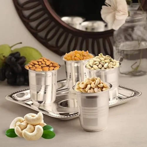Breathtaking Silver Plated Glasses with 200 gms. Dry Fruits and a 7 inch Tray