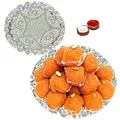 Haldirams Pure Ghee Laddoo N Silver Thali with Roli Tilak and Chawal