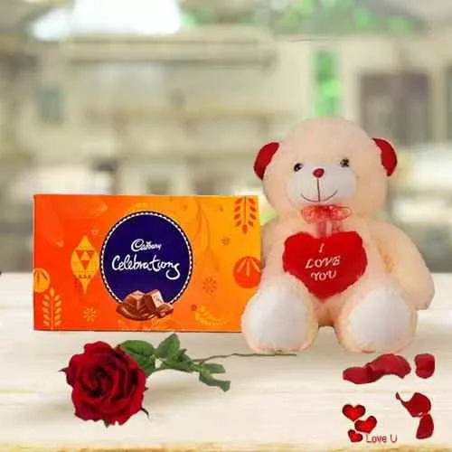 Cadburys Celebration Pack with a silk rose and  A 12 inch Cute Teddy Bear.