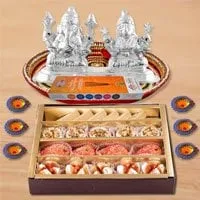 Diwali Puja Thali Hamper with Assorted sweets from Haldirams and Silver Plated Ganesh Lakshmi