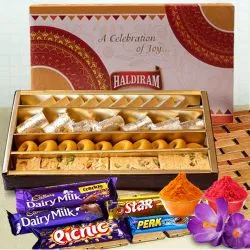 Food Bonding Special Haldirams Assorted Sweets with Cadbury Celebration with free Gulal/Abir Pouch