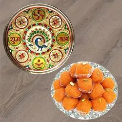 Delicious Haldiram Laddoo along with Designer Meenakari  Subh Labh Stainless Steel Thali