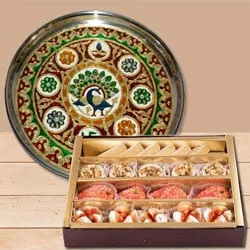 Wonderful Meenakari styled Subh Labh Stainless Steel Thali with Haldiram Assorted Sweets