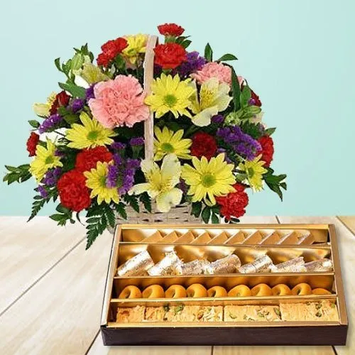 Mixed Flowers Basket with Assorted Sweets