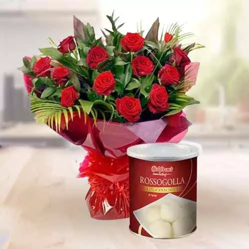 Glamorous Bouquet of Red Roses with Haldiram Rasgulla