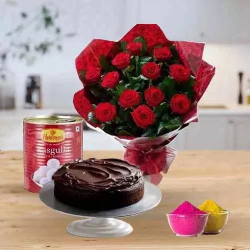 12 Red Roses and Haldiram Rasgulla with Eggless Cake 1 Kg.