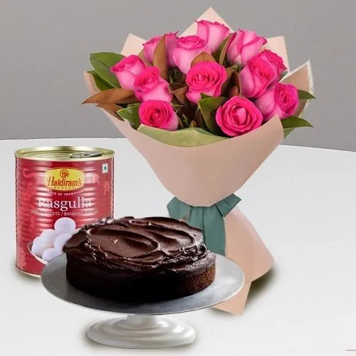 Send Combo of Pink Roses and Haldiram Rasgulla with Eggless Chocolate Cake