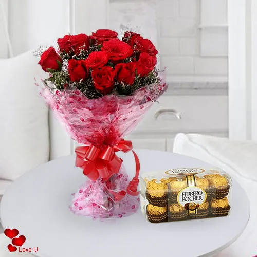 V-Day Gift of Red Roses Bouquet with Ferrero Rocher Online