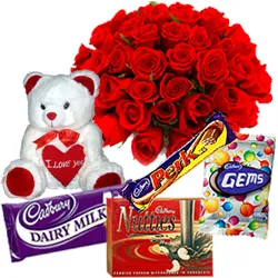 Exciting Teddy with Assorted Cadbury Chocolate N Roses Bouquet