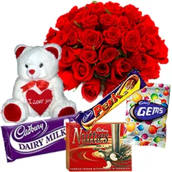 Send Teddy with Assorted Cadbury Chocolate N Roses Bouquet