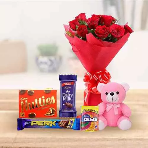 Chcolates with Red Roses N Teddy Combo