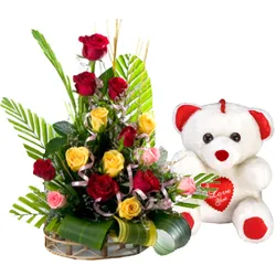 Fantastic Mixed Roses Arrangement with Teddy