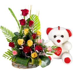 Deliver Mixed Roses Arrangement with Teddy 