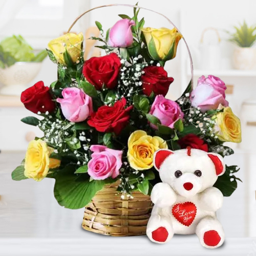 Teddy Bear N Assorted Roses Arrangement