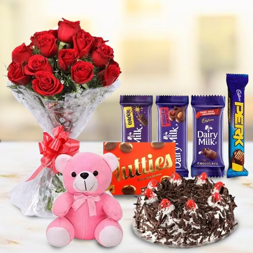 Send Teddy with Cake, Assorted Cadbury Chocolates N Dutch Roses Bouquet