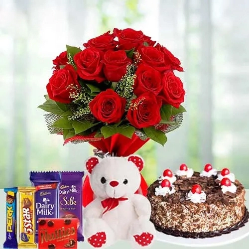 Chocolates N Teddy with Red Roses Bouquet for Rose Day