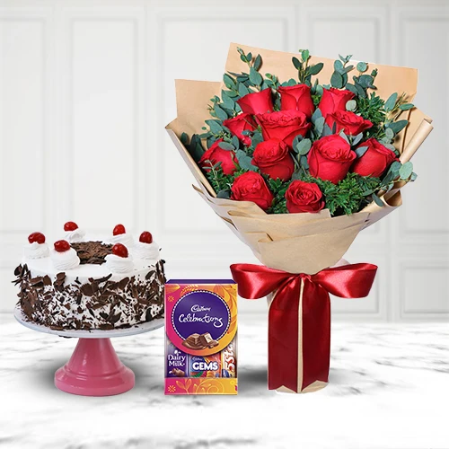 Send Teddy with Black Forest Cake Mixed Chocos N Dutch Roses