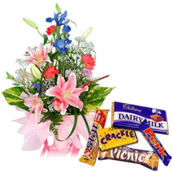 Deliver Mixed Flowers Arrangement with Mixed Cadbury Chocolates