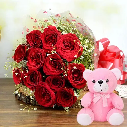 Remarkable Red Roses Bunch with Teddy