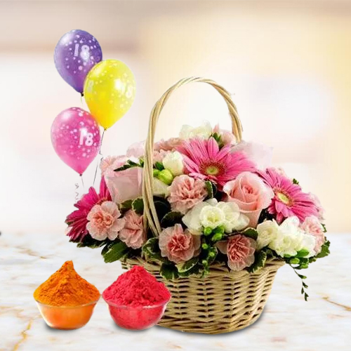 Colorful bouquet of beautiful Flowers and bright Balloons