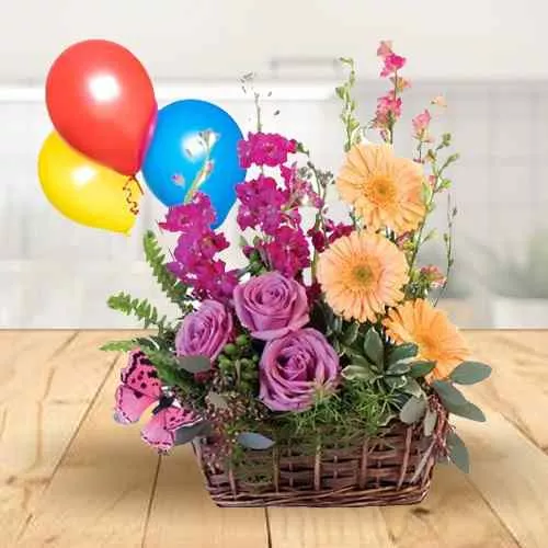 Basket Arrangement of Flowers N Balloons