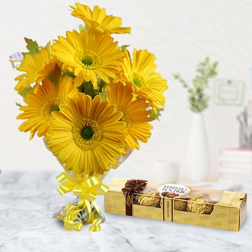 Send Yellow Gerberas n Ferrero Rocher Chocolates