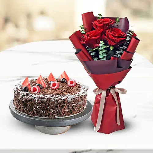 Order Online Red Roses with Black Forest Cake