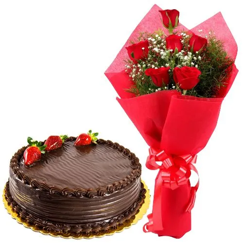 Shop Radiant Red Rose Hand Bunch and Chocolate Cake