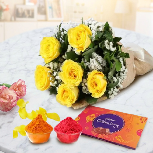 Ornate Yellow Roses Corsage and Cadbury Assortment Chocolates