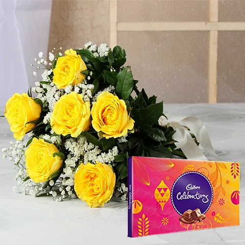 Buy Yellow Roses Bouquet with Cadbury Celebrations Pack