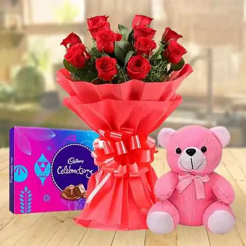 Teddy with Cadbury Celebrations N Red Rose Bouquet