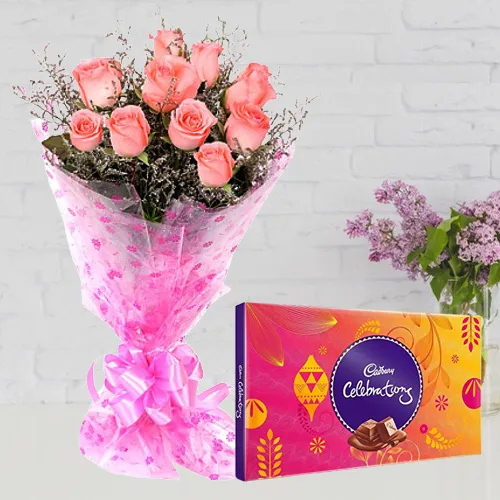 Gaudy Pink Roses Hand Bunch with Cadbury Assortment