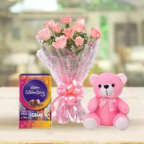 Send Pink Rose Hand Bunch N Small Teddy with Mini Cadbury Celebration