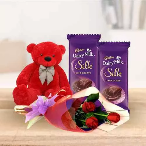 Admirable Small Teddy, Roses and Dairy Milk Silk Chocolate Bars