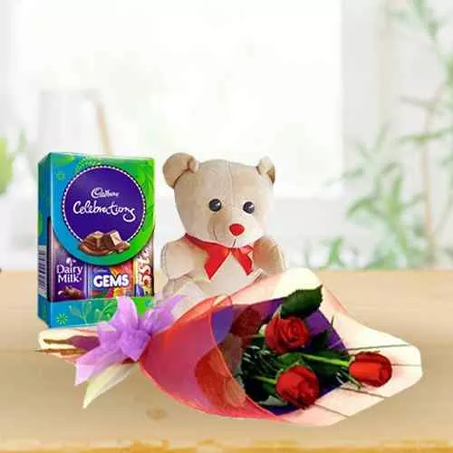 Red Roses Bunch with Teddy N Chocolates Pack