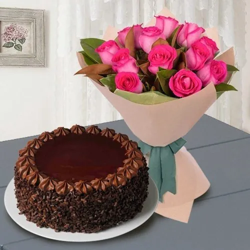 Shop Pretty Pink Roses with Chocolate Cake for Mom 