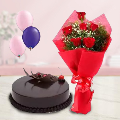 Online Order Truffle Cake with Red Roses Bunch n Balloons