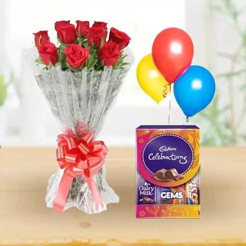 Magical Celebration with Red Roses Bouquet, Balloons and Cadbury Mini Pack
